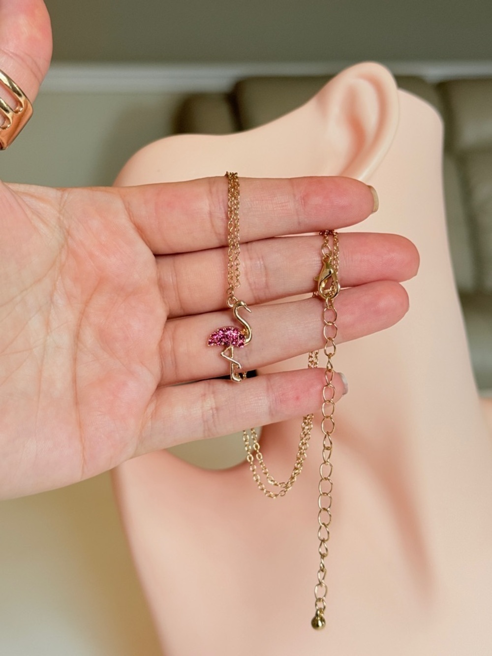 Gold Flamingo Pendant Necklace with Pink Crystal Accent - Picture 8 of 9